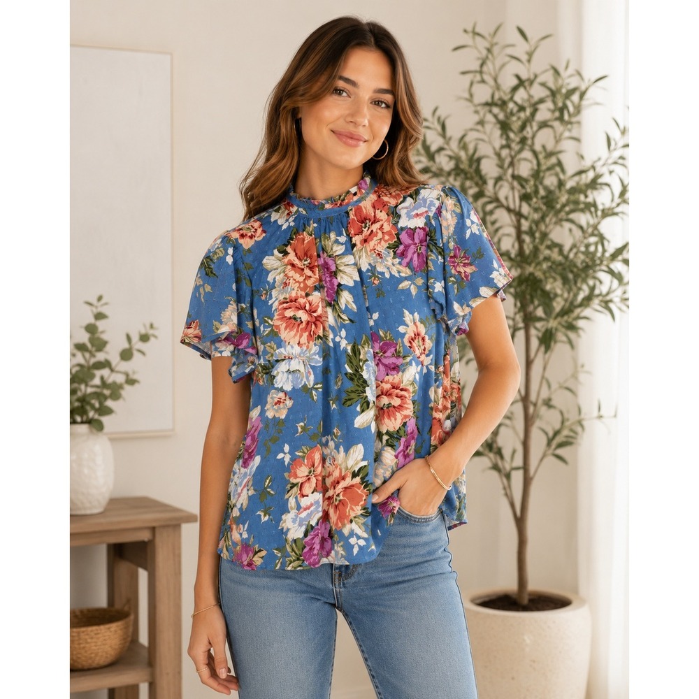 Rachel Roy Blue Floral Blouse Cottagecore Romantic Top NWT XS